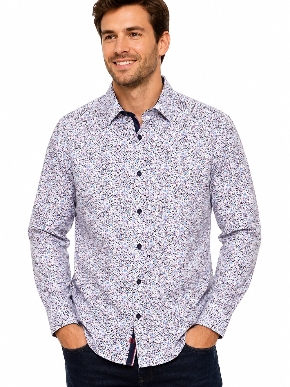 Au Noir Men's White Micro Floral Button-Down Shirt with Blue Accents
